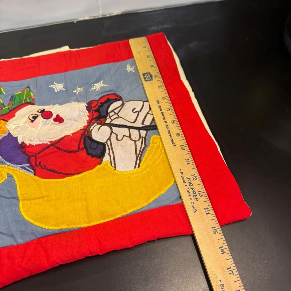 Handmade Pillow Cover Home 15x15 Red Blue Santa Sleigh Applique Vintage Style